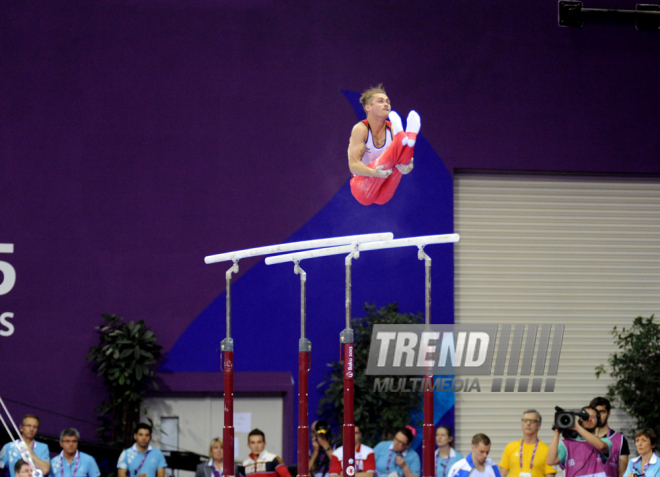 Azərbaycan gimnastı Oleq Stepko Avropa Oyunlarında paralel qollarda hərəkətlərdə qızıl medal qazandı. Bakı, Azərbaycan, 20 iyun 2015